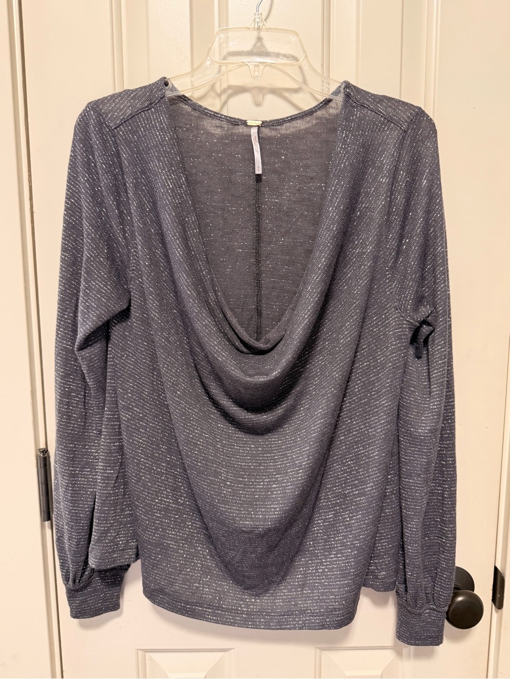 Free People Women's Draped Cowl Neck Light Sweater Grey With Silver Threads